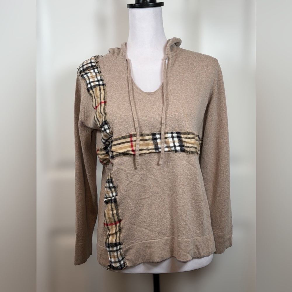 Cabernet Silk Cashmere Hoodie Large Beige Plaid Trim V-Neck